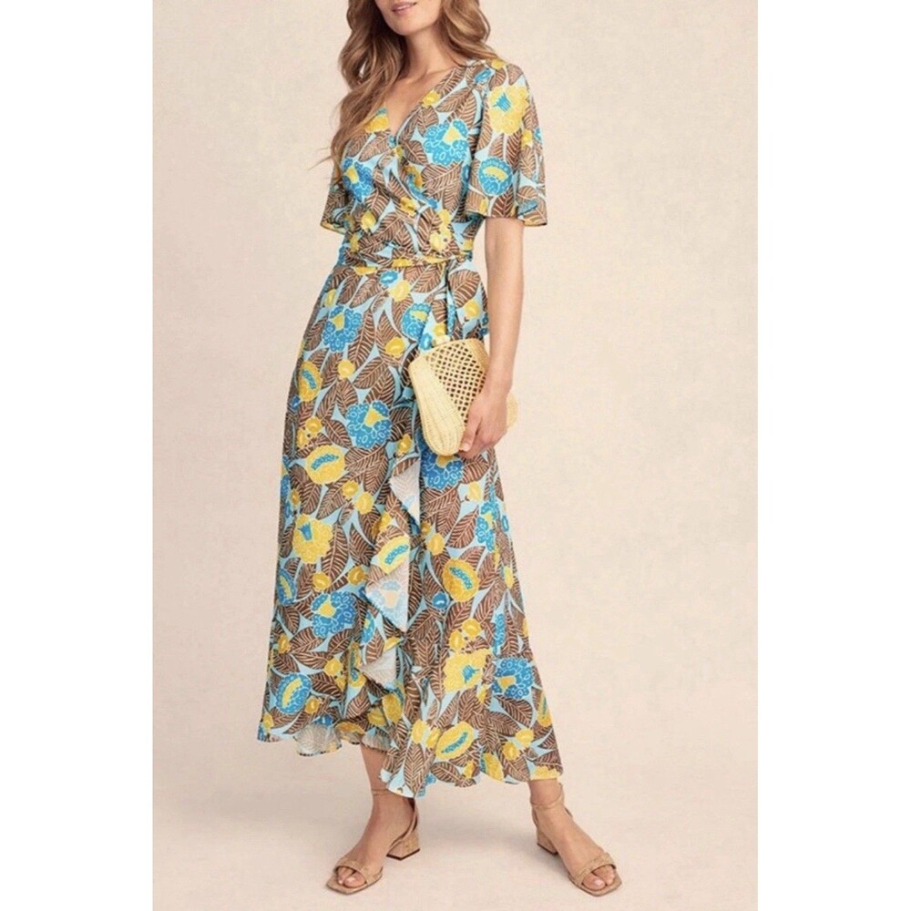 J McLaughlin Dress S Blue & Tan Floral Audette Wrap Ruffle Maxi Boho Tropical